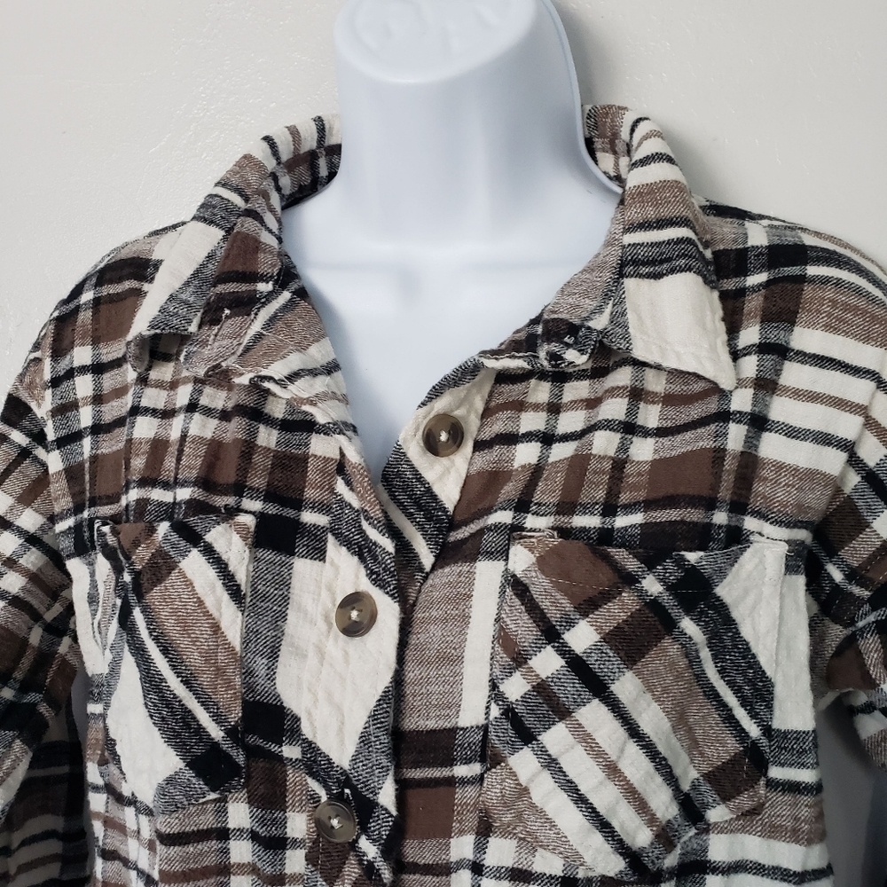Maurices XS Brown Black Ivory Plaid Button Up Flannel Shirt Long Sleeve Shacket - Picture 7 of 8